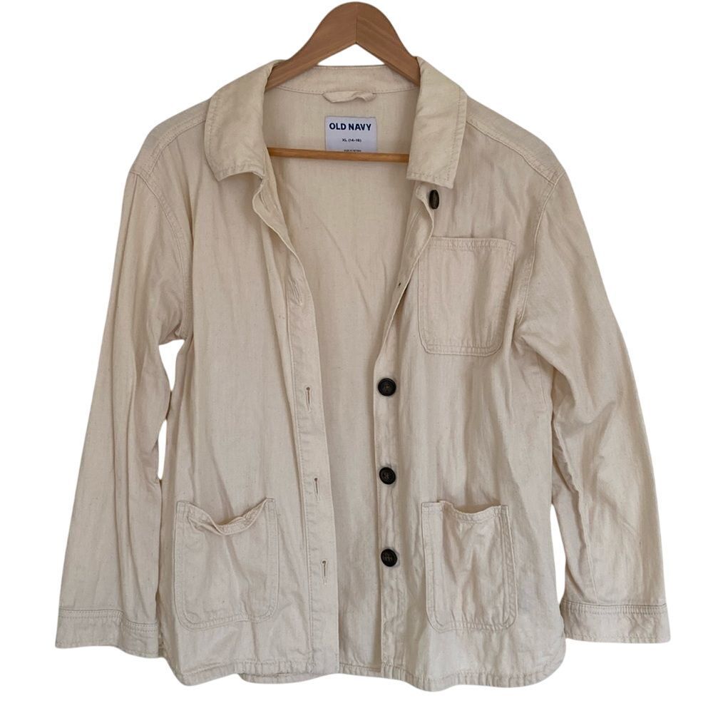 Old Navy Cotton Button Front Chore‎ Coat Size 14 Cream Basic Cottagecore